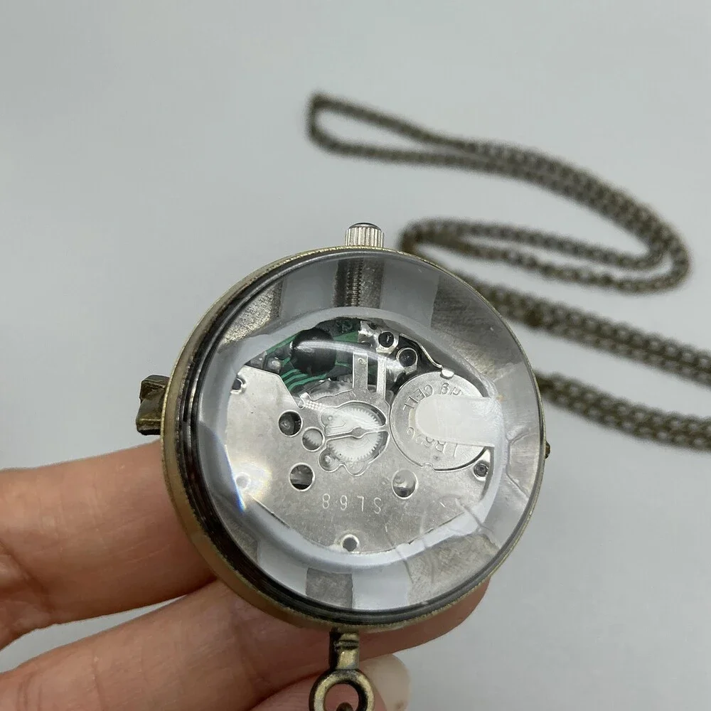 Globe Pendant Necklace Watch Women 32mm Beige Brass Tassel Chain New Battery